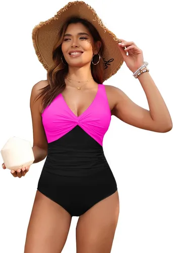 Vista 9 de Traje de baño de una pieza con control de abdomen para mujer Rosado intenso y negro