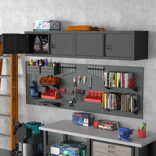 Vista 2 de Armarios de almacenamiento negros montados en la pared, gabinete superior de 12.8 pulgadas de alto para el hogar, gabinetes de metal con puertas