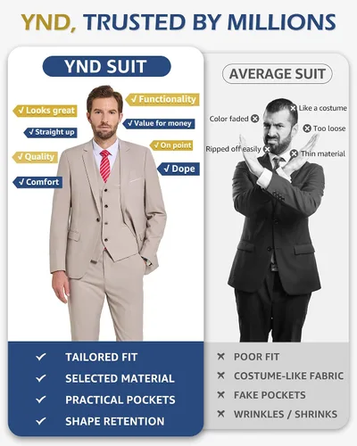 Vista 5 de YND Traje de 3 piezas de ajuste entallado para hombre, un botón, chaqueta sólida, chaleco y pantalones con corbata