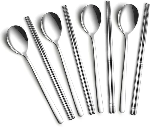 Vista 3 de Juego de 4 palillos y cucharas coreanas, juego de metal de acero inoxidable, juego de mango largo plano reutilizable para el hogar, cocina