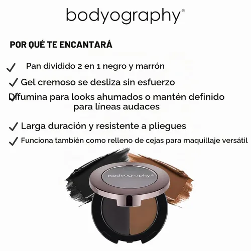Vista 4 de Bodyography Delineador de ojos de gel Duo - Bandeja dividida aterciopelada negra y marrón Fórmula de deslizamiento suave para líneas precisas