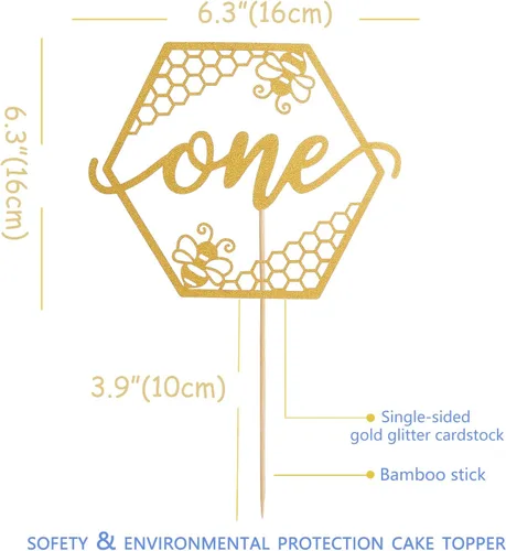 Vista 3 de Bumble Bee One - Decoración de pastel con purpurina dorada en forma de panal de abeja para el primer cumpleaños de miel Gold glitter cardstock