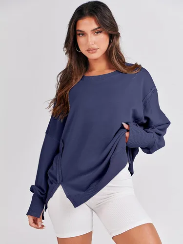 Vista 3 de ANRABESS Sudadera de gran tamaño para mujer, cuello redondo, manga larga, casual, con abertura, sin botones, ropa de otoño