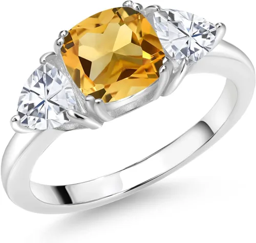 Vista 4 de 925 Sterling Silver Gemstone Birthstone and White Moissanite 3-Stone Engagement Ring for Women 7MM Cushion and 5MM Trillion Accents Three Stone