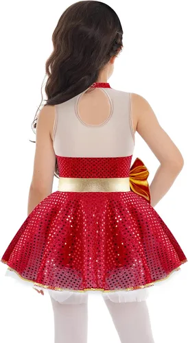 Vista 2 de Xnihocha Disfraz de fiesta de baile de Navidad para niños y niñas, con lentejuelas brillantes, figura de patinaje sobre hielo, tutú de ballet