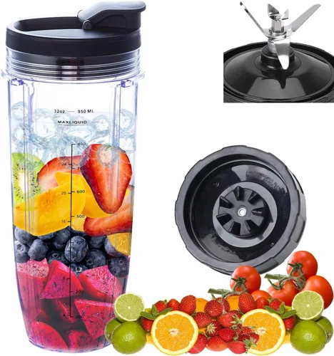 Vista 8 de Cuchilla macho de repuesto de 7 aletas y vaso de licuadora de 24 onzas con tapa compatible con Nutri Ninja Blender