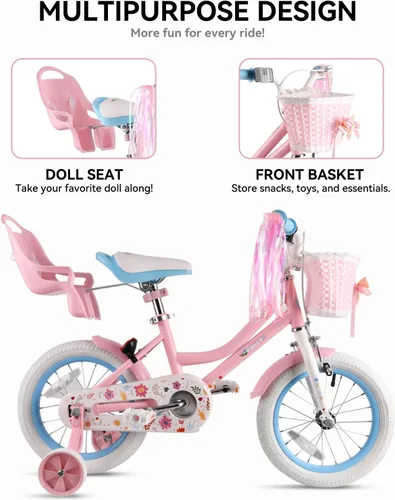 Vista 2 de RULLY 12 14 16 Inch Girls Bike for 2-7 Year Olds, Daisy Kids Bicycle with Training Wheels, Basket & Doll Seat, Retro Toddler Bike with Coaster