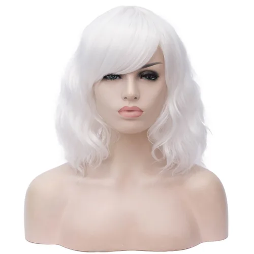 Vista 31 de BUFASHION Peluca rizada corta ondulada de 14 pulgadas para mujer, peluca sintética para cosplay, Halloween, peluca con flequillo lateral (negro)