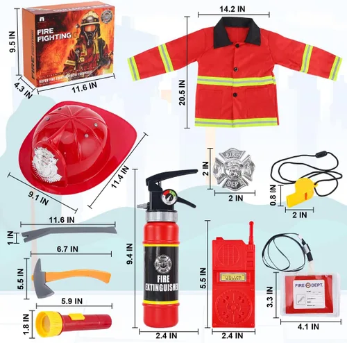 Vista 3 de Disfraz de bombero para niños, 10 piezas de disfraz de bombero con accesorios de juguete, juguetes de juego de rol de bombero, ropa de disfraz