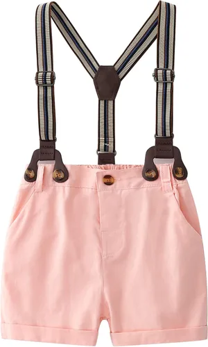 Vista 3 de Trajes de caballero para bebés, camisa de manga corta para bebé+pantalones con babero+corbata de lazo conjunto de ropa