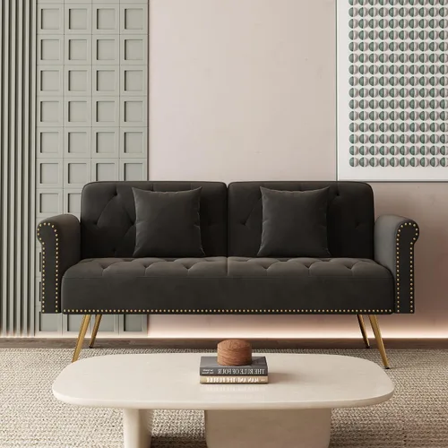 Vista 12 de Sofá Cama Futón de Terciopelo Moderno 2 en 1, Sofá Cama Plegable Convertible con 2 Almohadas, Loveseat Reclinable Acolchado de 63" con Patas de Beige