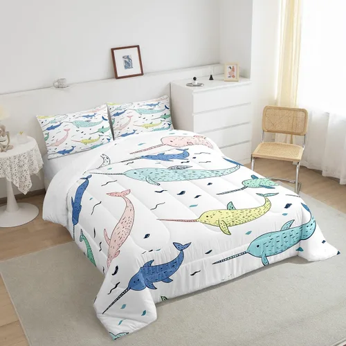 Vista 5 de Erosebridal Narwhal - Juego de edredón de ballena oceánica, edredón de plumón náutico costero para niños y niñas, vida marina, animales de dibujos