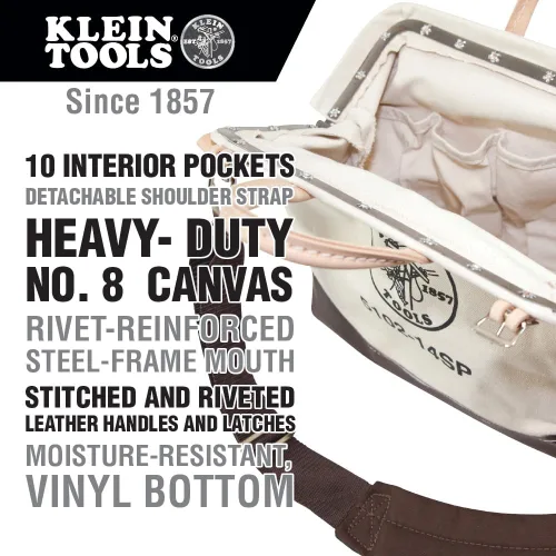Vista 2 de Klein Tools 5102-14SP Bolsa de herramientas con correa de hombro desmontable de 14 pulgadas, 10 bolsillos interiores para organización