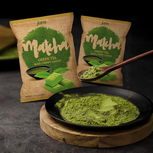 Vista 4 de Jans Caramelo masticable de leche matcha – Bocadillo de té verde japonés Hecho con extracto de matcha real Sin grasa, sin colesterol, caramelo