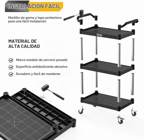 Vista 5 de TUFFIOM Carrito de servicio de plástico de 3 niveles con ruedas, resistente capacidad de 390 libras, rodante comercial, ideal para restaurantes