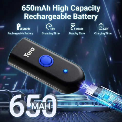 Vista 2 de Tera Mini escáner de código de barras 1D: escáner láser inalámbrico impermeable de bolsillo 3 en 1 compatible con Bluetooth USB con cable portátil