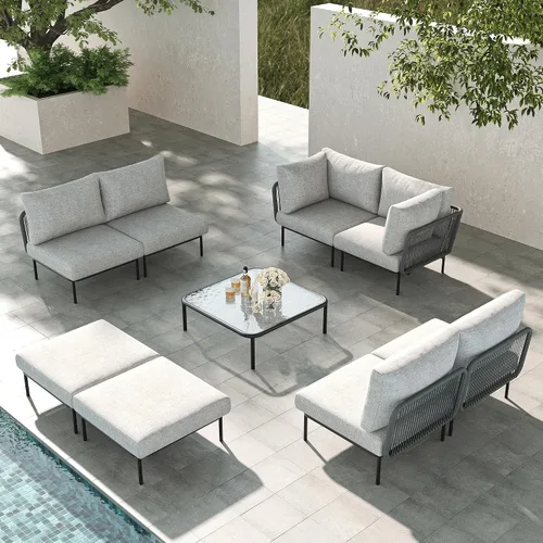 Vista 10 de LayinSun Juego de muebles de patio de aluminio de 7 piezas, sofá modular moderno con mesa auxiliar y cojín de grosor mejorado Gris claro