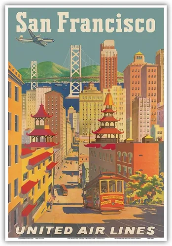 Vista 10 de San Francisco California - Teleférico en Chinatown - United Air Lines - Póster vintage de viaje de aerolínea por Joseph Fehér c.1950s - Impresión