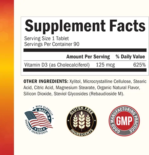 Vista 3 de BioSchwartz Vitamin D3 5000 IU (125 mcg) Chewable Tablets - Immune Support, Bone Strength, Healthy Muscle Function - Gluten-Free and Non-GMO