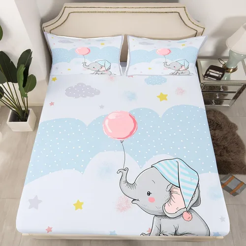 Vista 9 de Castle Fairy Kawaii - Sábana bajera ajustable tamaño individual, diseño de elefante blanco y gris, suave y lujoso, juego de sábanas de dibujos