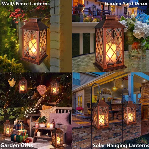 Vista 2 de TAKE ME Linternas solares de 35,6 cm para jardín al aire libre, linterna colgante impermeable con luces LED parpadeantes, sin llama, para mesa, al