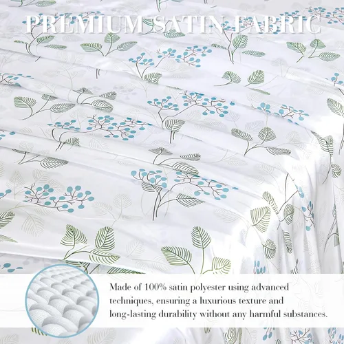 Vista 2 de YIYEA Sábanas de satén, estampado floral, lujosas sábanas de tamaño King de tacto sedoso, elegante juego de sábanas de satén liso, bolsillo profundo