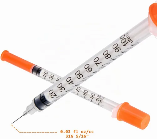 Vista 4 de Jeringas U-100, 31G 5/16" (8mm) 0.0 fl oz/cc jeringa desechable, embalaje individual, paquete de 30