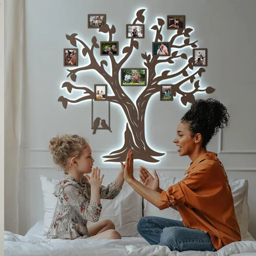 Vista 2 de JustLikeWood Calcomanías de pared de árbol genealógico de madera 3D LED de 83 x 79 pulgadas con marco, decoración de pared para sala de estar Nogal