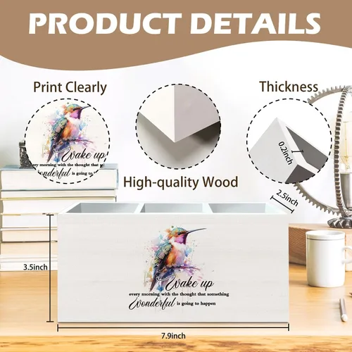 Vista 7 de DILSJ Hummingbird - Organizador de lápices inspirador para escritorio, regalos inspiradores para mujeres, citas motivacionales, caja de madera