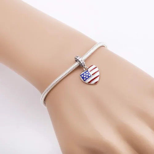 Vista 5 de Abalorio de plata de ley 925 con diseño de bandera estadounidense y corazón para pulsera europea