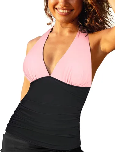 Vista 2 de Hilor - Parte superior de tankini para natación, con cuello profundo en V y halter, drapeado, para mujer