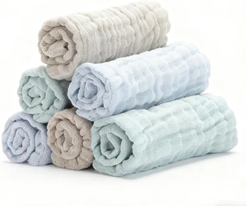 Vista 8 de Toallitas de muselina orgánicas para bebé, paquete de 6, toalla de baño y cara de 12x12 pulgadas, extra absorbente y suave, para bebés recién Azul