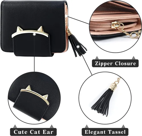 Vista 3 de heysun Mujer adorable pequeño cartera Orejas de gato cartera Dinero Clip Tarjeta de diseñador caso, negro