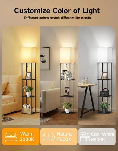 Vista 2 de OUTON Floor Lamp with Shelves, Modern Square Standing Shelf Lamp, Black Black & Square