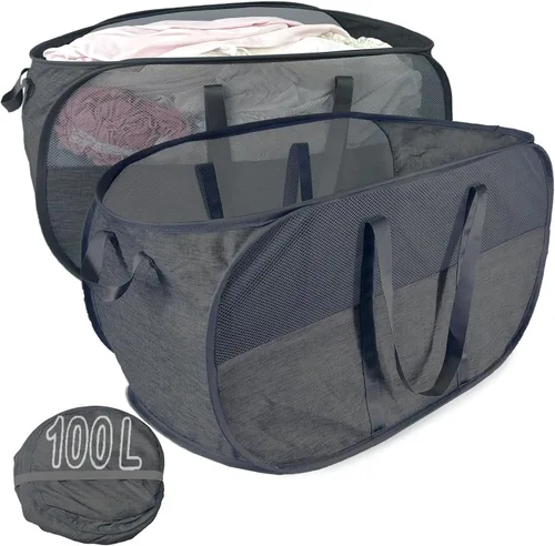 Vista 8 de Cesta de lavandería plegable mejorada de 100 L, cesta de lavandería desplegable de malla extragrande, cesta de ropa sucia con asas largas, cestas