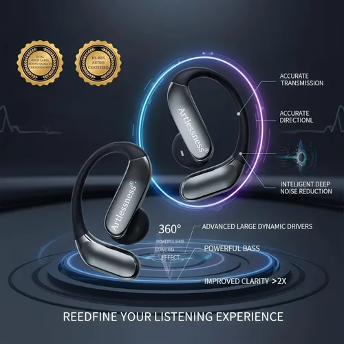 Vista 3 de Auriculares de traductor AI 4 en 1, audio de alta fidelidad, diseño de oreja abierta, 164 idiomas Latest AI Bluetooth Translation Earbuds,No Negro