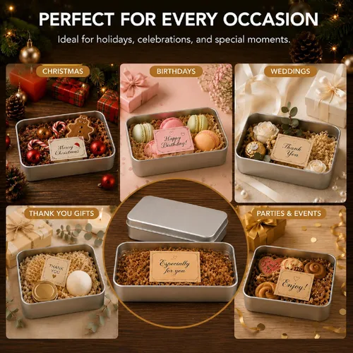 Vista 8 de Paquete de 8 cajas de latas de metal vacías con tapa, latas de galletas rectangulares de metal plateado para golosinas, regalos, regalos, velas