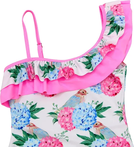 Vista 5 de Traje de baño ajustable de una pieza de moda con volantes dobles y un hombro para niñas (5y-16y)