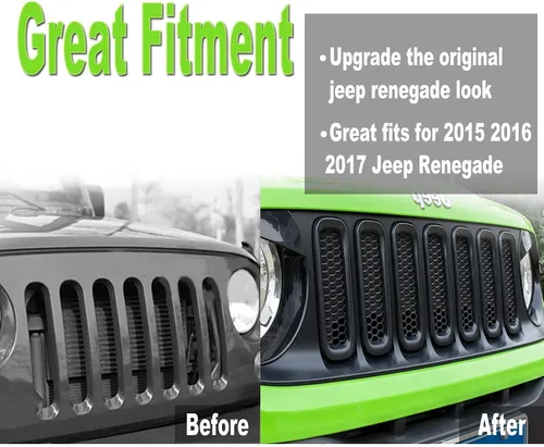 Vista 4 de YMT - 7 piezas de rejilla frontal de malla negra para Jeep Renegade 2015 2016 2017 2018