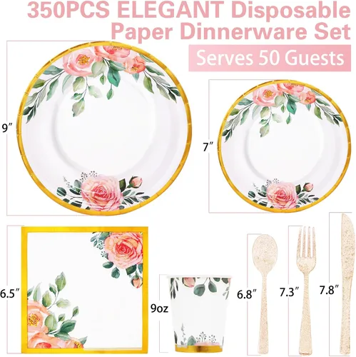 Vista 2 de Juego de 350 platos de papel floral, platos desechables con borde dorado para 50 invitados, suministros de fiesta para adultos, jardín, fiesta