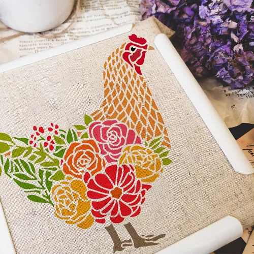 Vista 4 de FINGERINSPIRE Plantilla de dibujo de gallo de pollo con flores y hierba, plantilla de pintura de plástico PET de 11.8 x 11.8 pulgadas