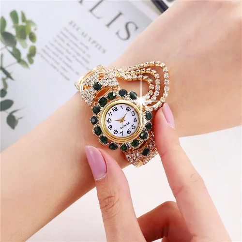 Vista 2 de CdyBox Reloj de pulsera de cuarzo con tachuelas de diamantes para mujer, reloj de pulsera de aleación abierta de moda