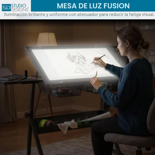 Vista 9 de Studio Designs Fusion - Mesa de dibujo con almohadilla de luz LED integrada, mesa de luz de vidrio templado ajustable en altura y ángulo