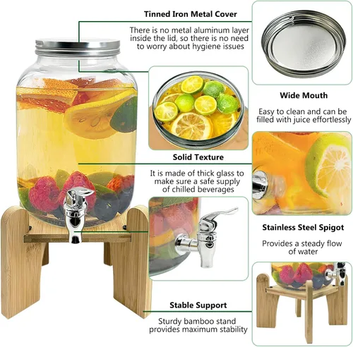 Vista 3 de Tfwadmx Dispensador de bebidas de 1 galón para fiestas, dispensador de bebidas con soporte de madera, dispensador de limonadas, jarra de té helado