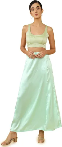 Vista 4 de Enagua de sari indio con cintura ajustable cosida de seda satinada para mujer (talla única)