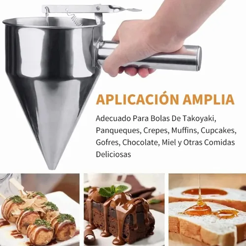 Vista 3 de Gavigain Dispensador de masa para panqueques, dispensador de pasteles de embudo de acero inoxidable con soporte para hornear herramientas