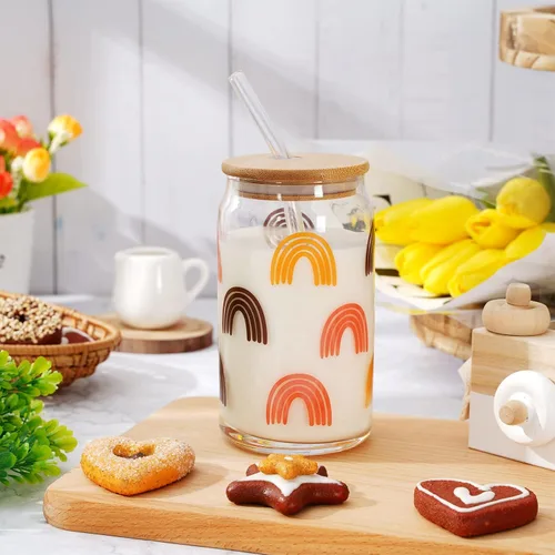 Vista 6 de Whaline 4 tazas de café helado boho con tapas y pajitas de bambú, vasos retro Groovy de 16 onzas, arco iris, cara, flor, cerveza, vaso de vidrio