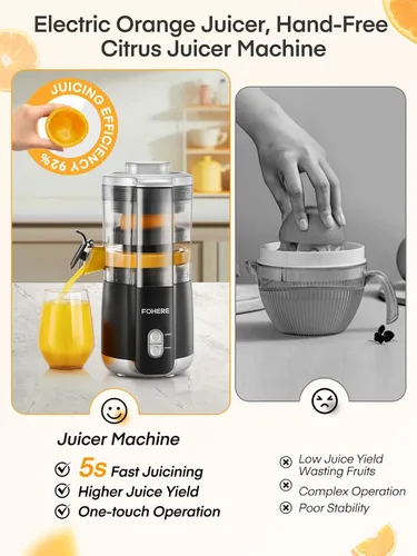 Vista 6 de FOHERE Exprimidor eléctrico de cítricos, máquina exprimidora de naranja manos libres con 2 conos intercambiables, exprimidor automático de jugo