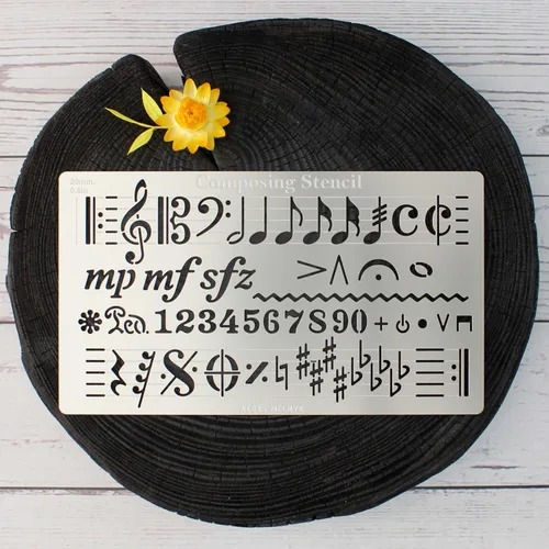 Vista 5 de Aleks Melnyk No.424 Plantilla de metal, plantilla de composición de escritor de canciones para notas musicales, 1 unidad, símbolos grandes, diario