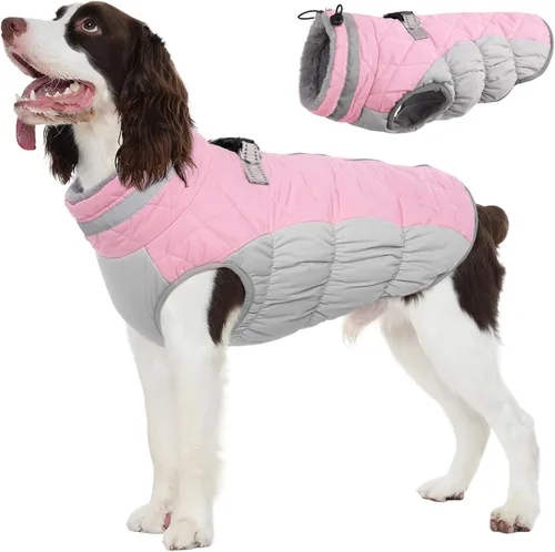 Vista 41 de Abrigo para perro, chaqueta cálida de invierno, acolchada, de vellón, chaleco reflectante con arnés, chaqueta de nieve impermeable con cremallera, a
